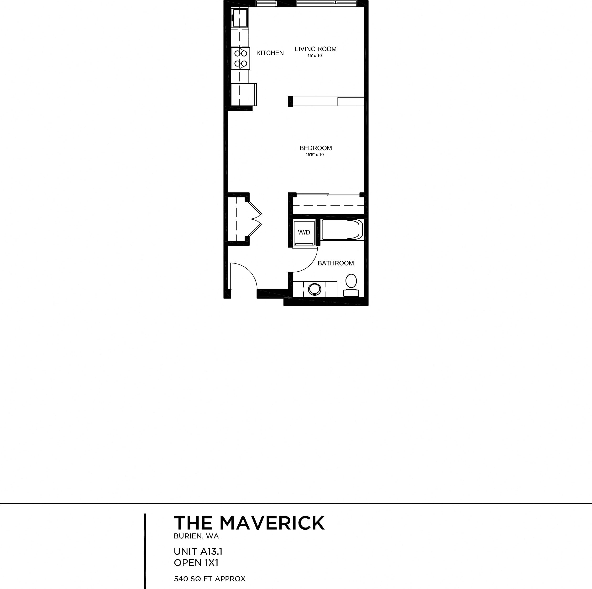 Floor plan for 1 bed, 1 bath, 537 sqft